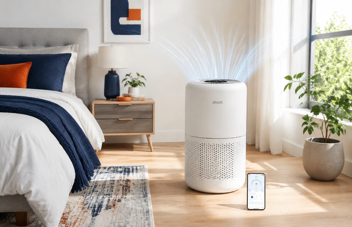 Levoit Eleva 300X Review showing smart air quality monitoring in a bedroom