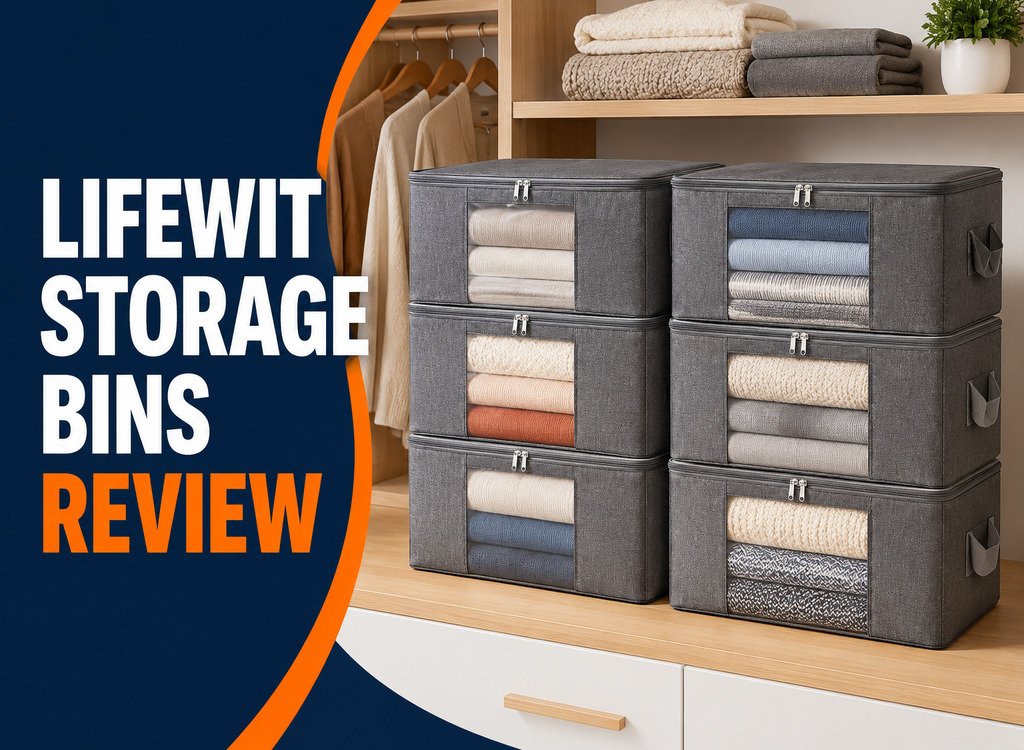 Lifewit Storage Bins Review featuring six gray fabric organizers