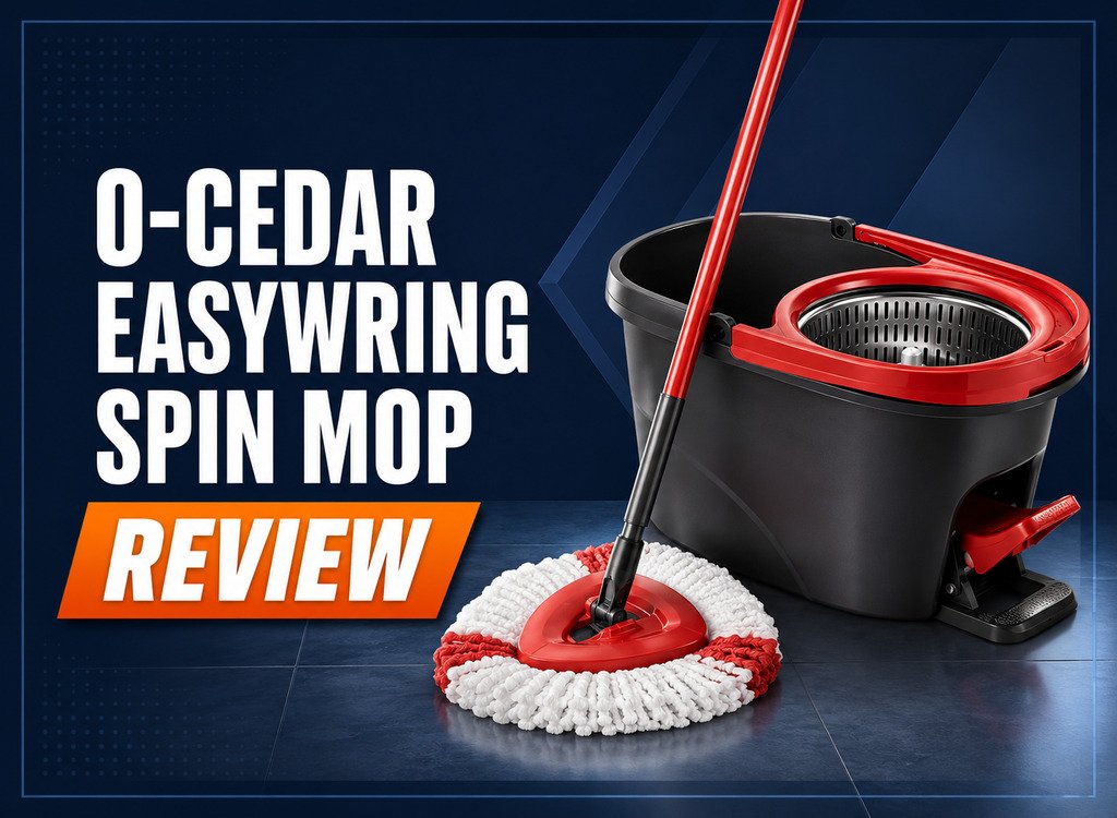 O-Cedar EasyWring Spin Mop review featuring a red and black mop bucket system