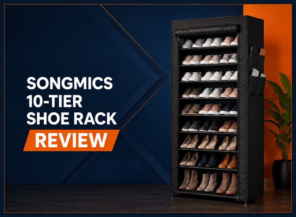 SONGMICS 10-Tier Shoe Rack Review featuring a black covered shoe organizer